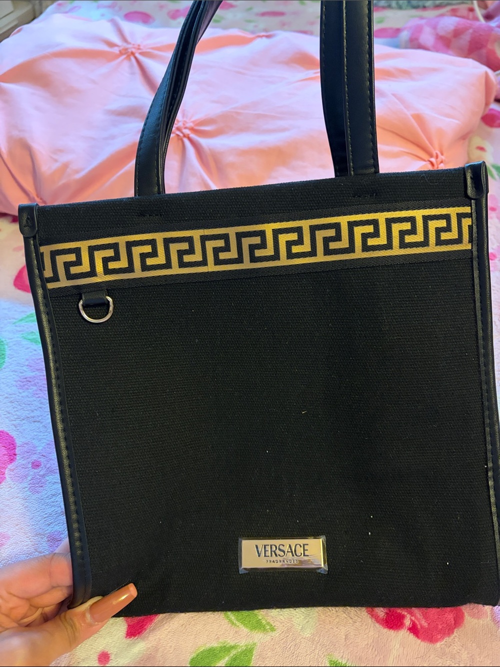 Versace Black and Gold Canvas Tote with Greek Key Accent